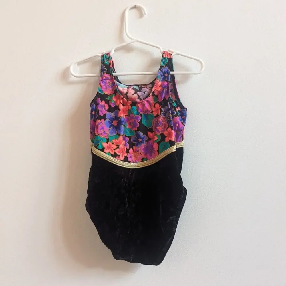 Vtg GK Unitard Girls Sz Medium (5-6) Gymnastics Black Velvet Floral 90s